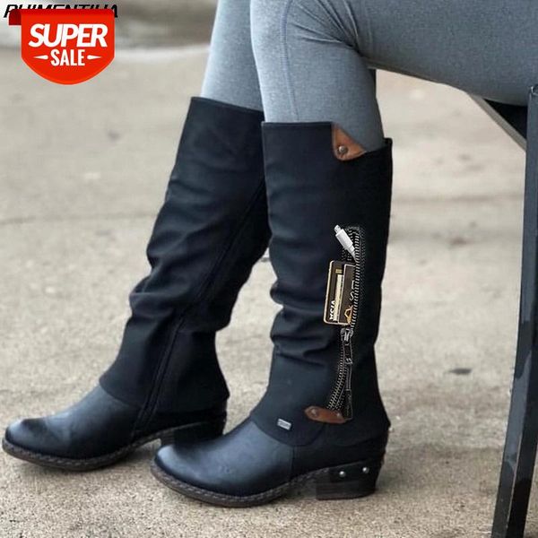 

puimentiua 2020 women boots long mid zipper solid boots autumn winter round toe low heel snow women's warm female shoes #7b9a, Black