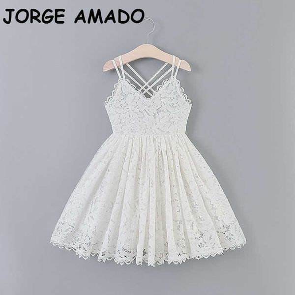 Meninas vestidos de festa verão crianças princesa para menina branco laço v-pescoço halter roupas e15181 210610