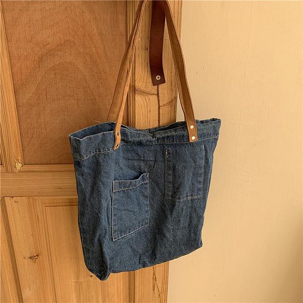 

shoulder bags women simple shopping bag female art washing denim handbag ladies solid color large-capacity casual totes for girls