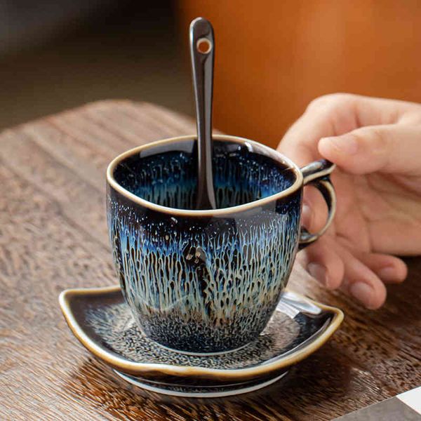 LUWU Set da caffè in ceramica blu Tazza da tè con piattini