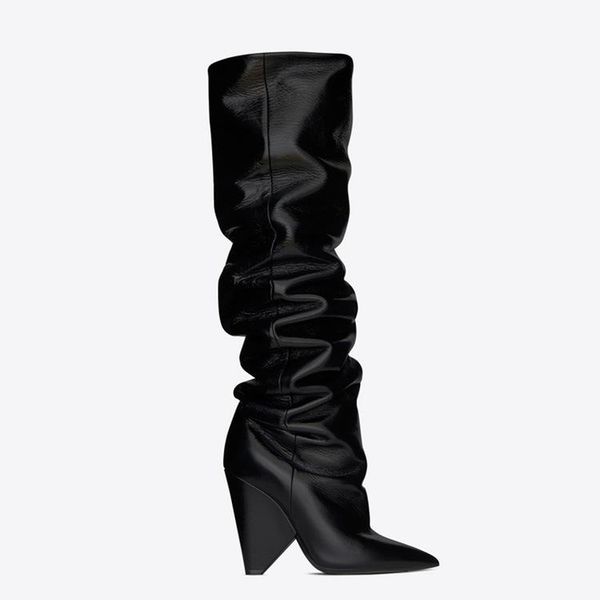 

boots 2021 woman spring autumn winter spike heel knee high slip on shoes pointed toe, Black