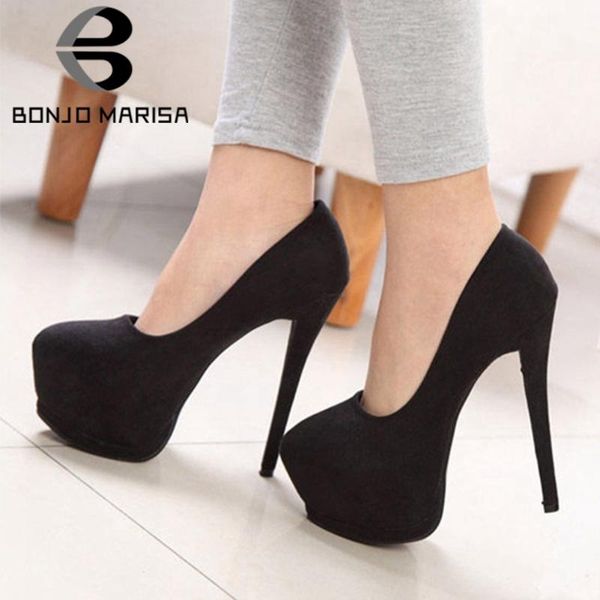

dress shoes bonjomarisa office laday super high heels shallow pumps flock platform party women round head woman, Black