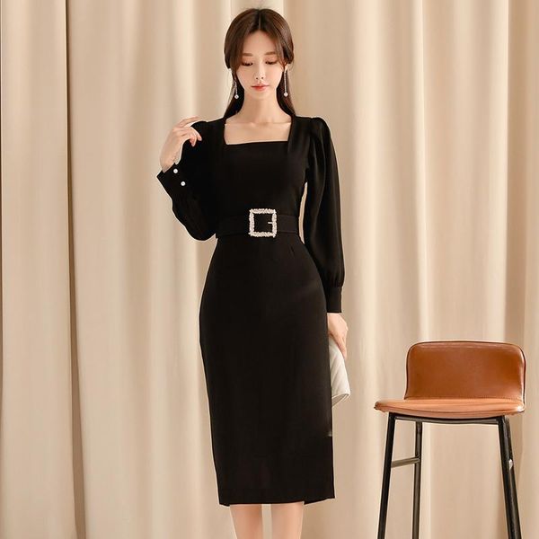 

casual dresses spring women puff sleeve solid ol dress waistbelt mid-length bodycon vestidos femme, Black;gray