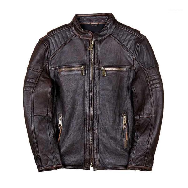 

men's leather & faux 2021 vintage brown genuine jacket men motorcycle style plus size 5xl stand collar real natural cowhide slim biker, Black