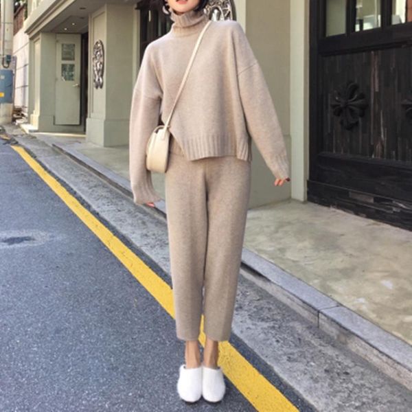 

women's two piece pants autumn winter knitted tracksuit turtleneck sweatshirts fashion women suit clothing 2 set knit pant female, White