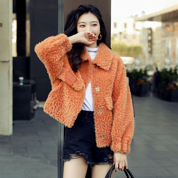 

women's fur & faux real sheep shearing short coat women female fashion genuine wool loose jacket turn down collar overcoat solid color, Black