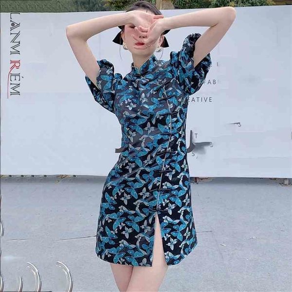 

women printing split dress stand neck short sleeve loose fit female fashion spring summer arrivals 2e2003 210526, Black;gray