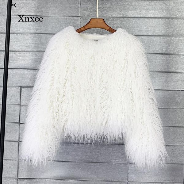 

women's fur & faux autumn and winter fashion furry coat women fluffy warm long-sleeved collarless, Black