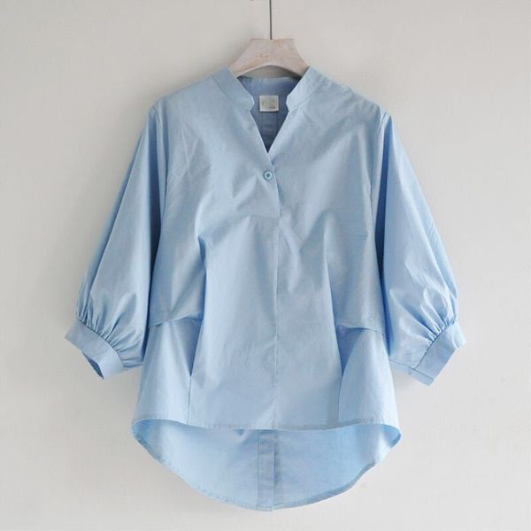 

summer korea fashion women white v-neck shirt plus size lantern sleeve loose blouses back split button shirts ladies d326 210302