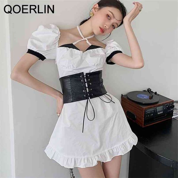 

high end lace-up white dress women summer halter short sleeve mini female fashion puff vestidos mujer 210601, Black;gray