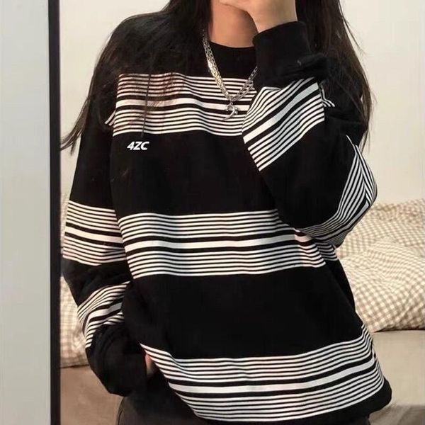 

women's hoodies & sweatshirts autumn female casual o-neck stripe tees harajuku loose hoodie women long sleeve oversize hip hop korean t, Black
