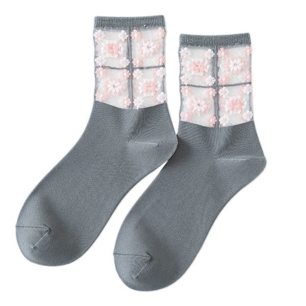 

women daisy flowers patchwork transparent mesh jacquard tube socks 6xda, Black;white