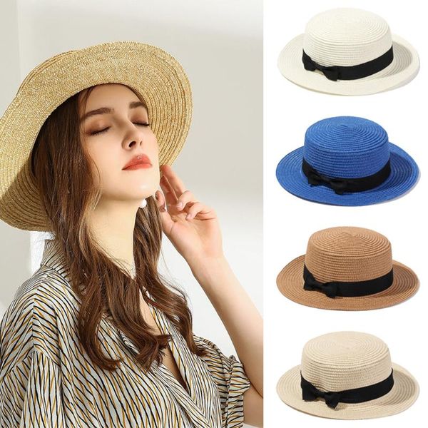 

wide brim hats simple summer bowknot beach hat casual flat straw cap breathable sun panama visors for women, Blue;gray