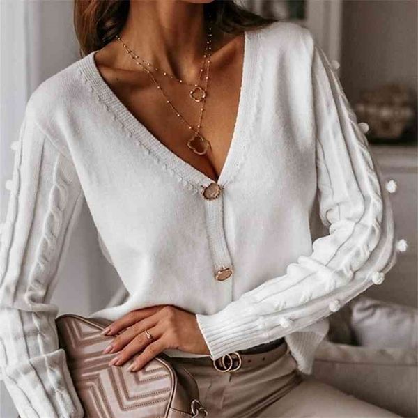 

v-neck knitted women cardigan casual solid white long sleeve sweater elegant autumn ladies 210812