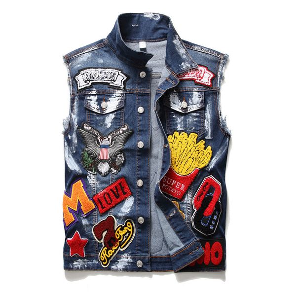 

2021 new men's male skull letters embroidery jean vest trendy streetwear eagle patchwork denim waistcoat painted gzjh, Black;white