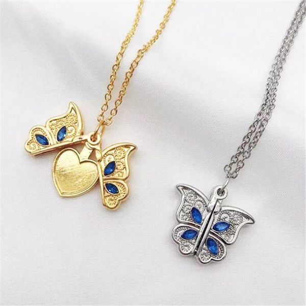 

pendant necklaces creative openable po box crystal butterfly necklace heart-shaped fashion gold and silver color women jewelry