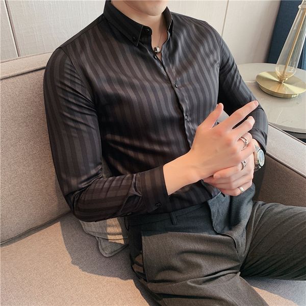 

elegant british style thin fit men's striped shirts long sleeve simple spring new formal business wear casual blouse homme 4xl-m 9ldf, White;black