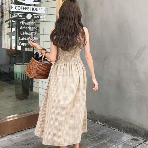 

casual dresses dress sleeveless slash neck plaid sweet kawaii simple elegant a-line leisure fashion womens korean style slim summer, Black;gray