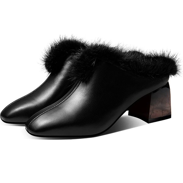 

Womens genuine leather thick high heel square toe warm plush slip-on mules elegant ladies comfortable casual pumps dress shoes, Brown