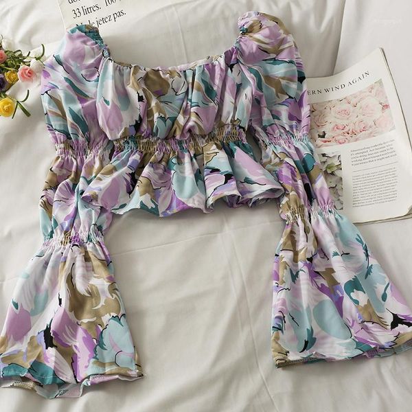 

women's blouses & shirts korean print short women 2021 fashion crop flare sleeve off shoulder strapless shirt blouse, White