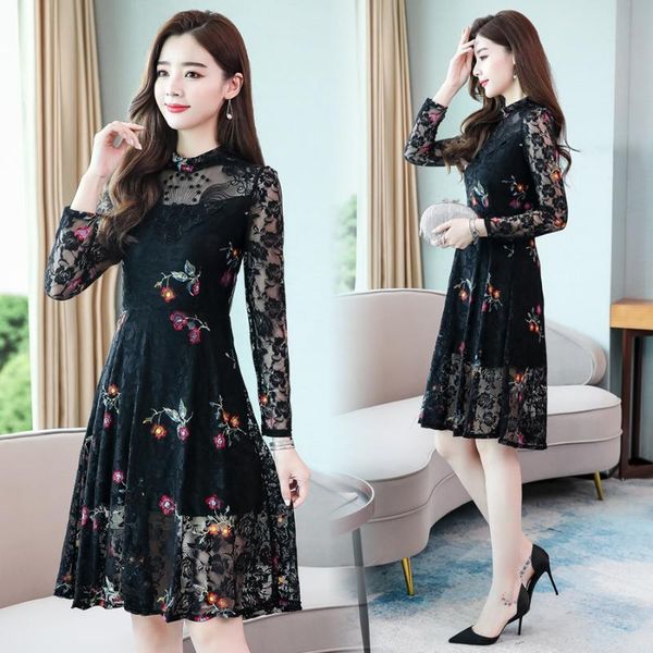 

casual dresses 2021 vintage black lace mini autumn winter 3xl plus size long sleeve dress elegant women bodycon party vestidos, Black;gray
