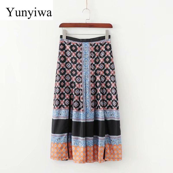 

skirts 2021 women vintage color matching position flower print split skirt ladies back zipper pleats vestidos casual chic, Black