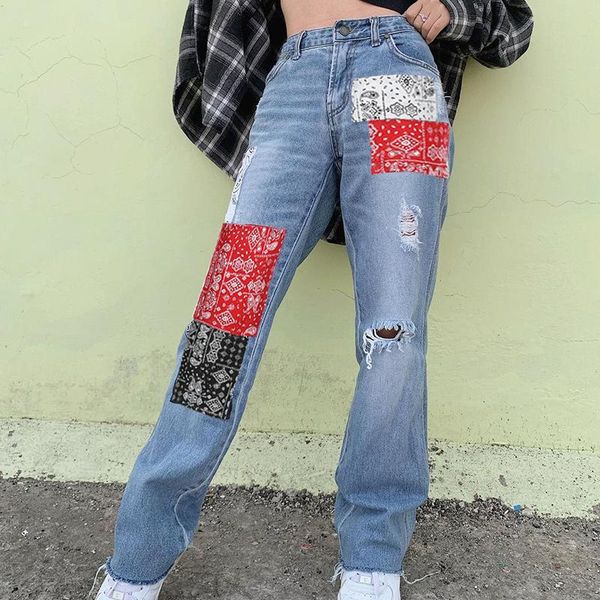 

women's jeans harajuku baggy patchwork ripped straight women y2k vintage hip hop high waist mom denim trousers streetwear pants, Blue