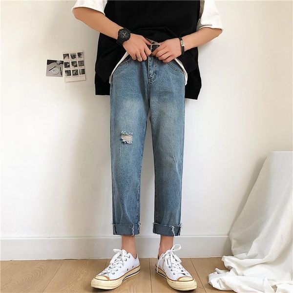 

men's ripped jeans korean casual fashion loose harajuku streetwear straight leg pants harem pants men's retro ankle-length, Blue