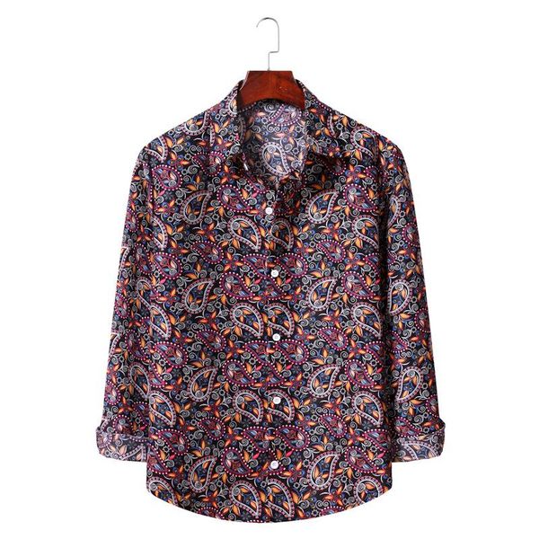 

men's casual shirts 2021 autumn floral cotton and linen shirt youth fashion loose lapel long sleeves, White;black