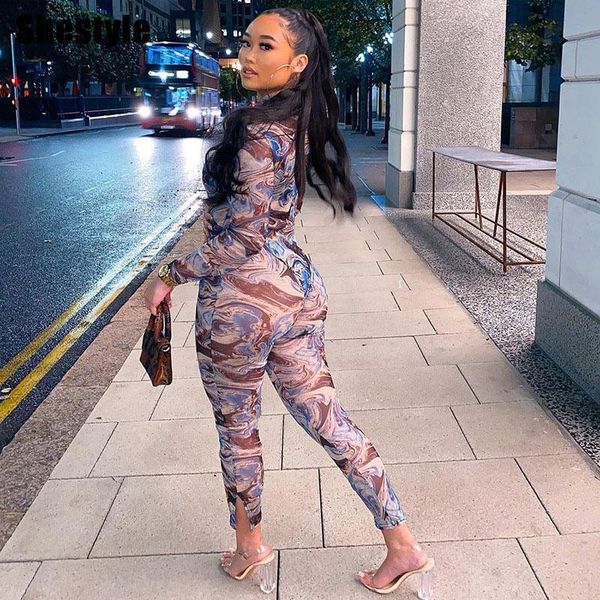 

women's jumpsuits & rompers shestyle mesh two pieces sets women universe printed high neck bodysuits pencil pants see through tracksuit, Black;white