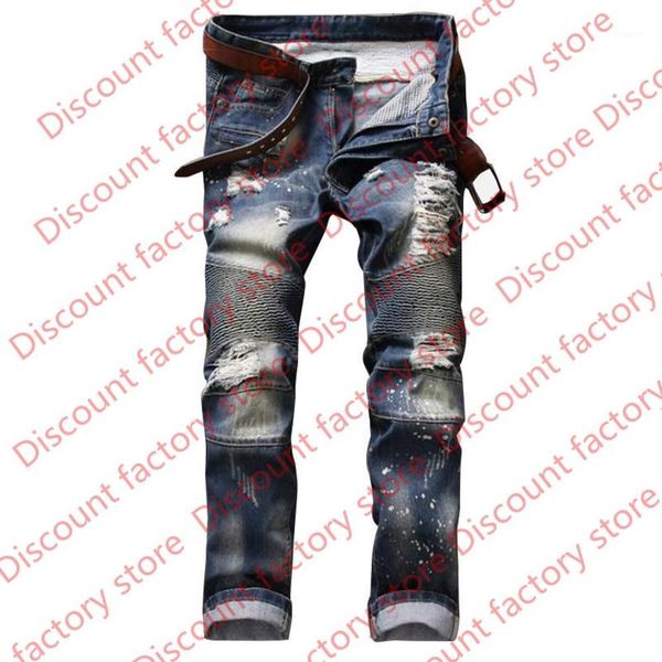 

wholesale-brand designer mens ripped biker jeans pants slim fit distroyed motorcycle denim joggers male straight destroyed jean trousers1, Blue