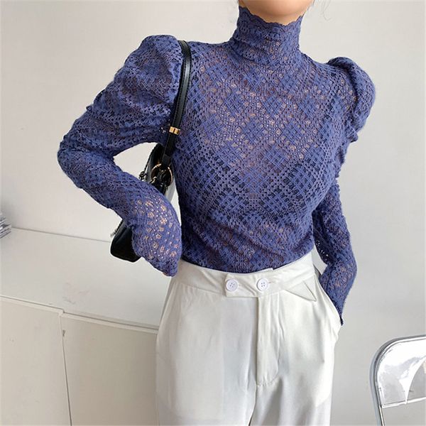 

lace turtleneck solid female chic basic slim 2021 all match women autumn new sleeves t-shirt kgj2, White