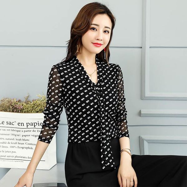 

elegant women's spring autumn lace blouses long sleeve women's v-neck shirts fashion splicing slim casual dd8292, White