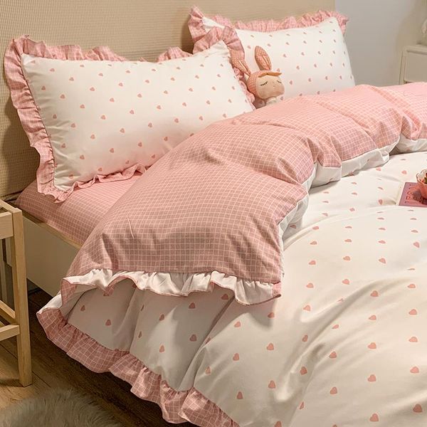 

sweet girlish style washed cotton sanding four pieces bedding set ruffle m58