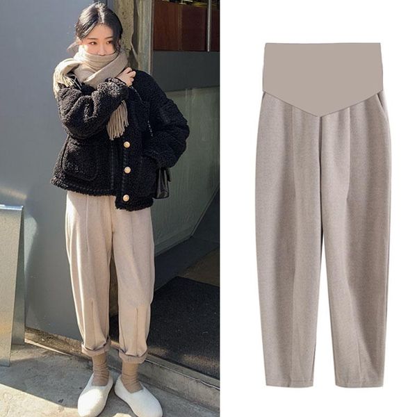 

maternity bottoms 6006# autumn winter woolen pants thick warm elastic waist belly clothes for pregnant women wide leg loose casual, White