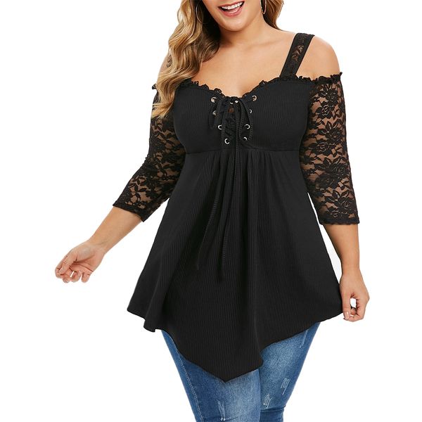 

6xl plus size women shirt off shoulder ladies lace long sleeve black blouses shirt casual irregular streetwear femme d25 210302, White