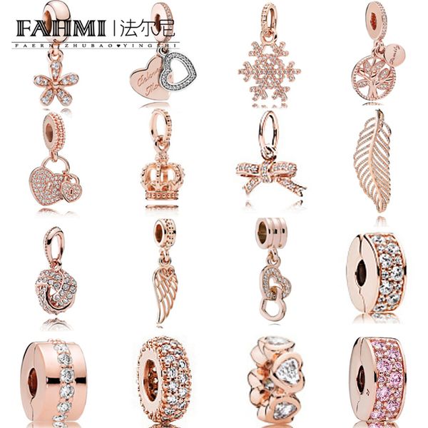 FAHMI 100 % 925 Sterling Silber Charm-Anhänger aus Roségold, Septum, Schleife, Schneeflocke, Krone, Herzschloss, Temperament, exquisiter modischer Damenschmuck