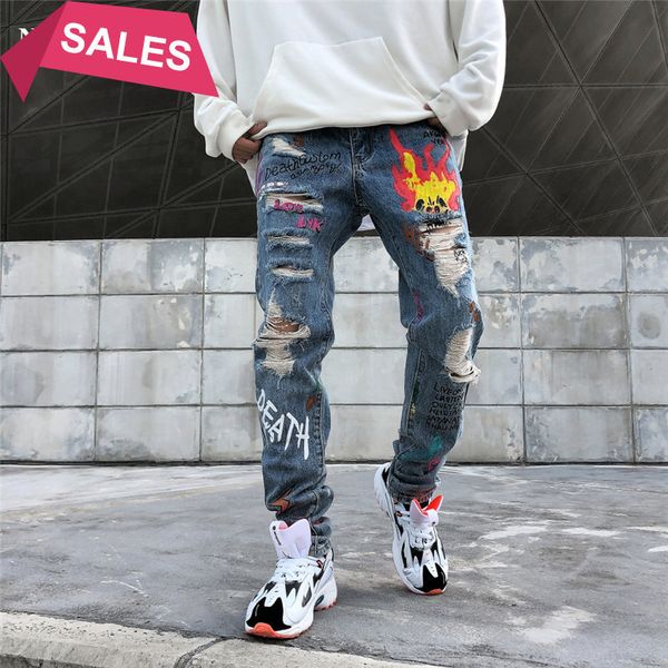 

men streetwear graffiti printed ripped beggar skinny jeans hipster hip hop distressed knee holes joggers denim trousers, Blue