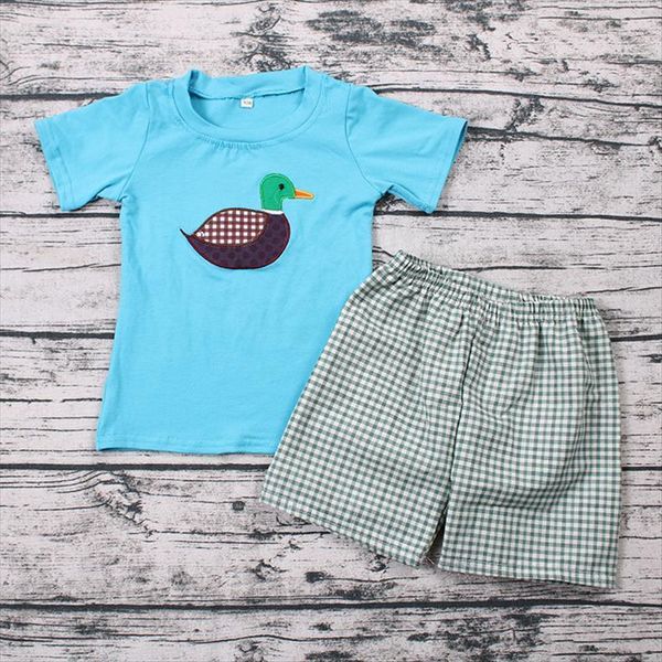 

toddler baby boy clothes duck embroidery cotton shirt woven seersucker plaid shorts 2pcs, White