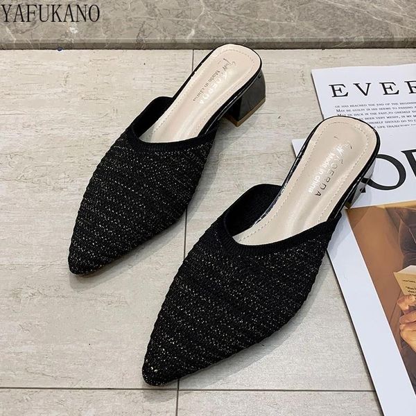 

slippers knitted elastic mesh women 2021 summer shoes fashion pointed toe slides spike heels beige mules female, Black