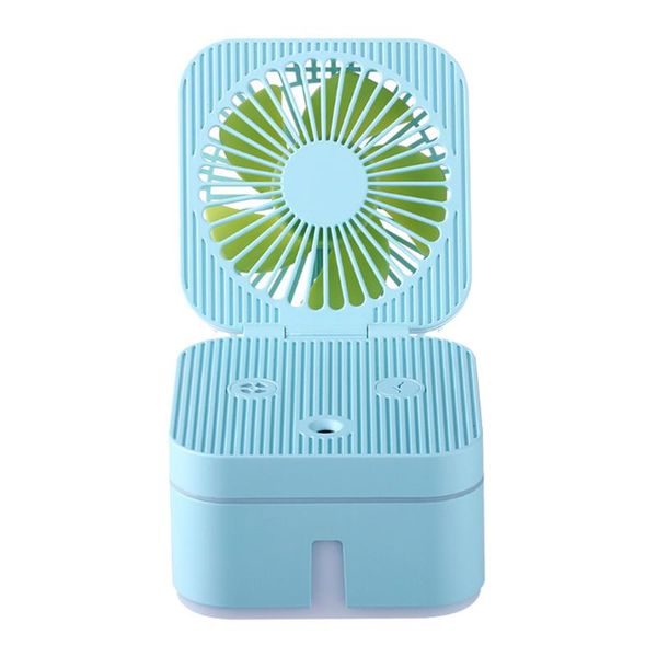 

electric fans 3 in 1 fan humidifier usb mute small table portable glowing air cooling folding light blue.