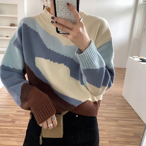 

autumn winter color matching women sweater pullover knitted female long sleeve jumper casual loose sweaters, White;black