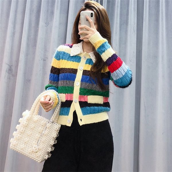 

sweater coat women's short 2021 new gentle and lazy design baby collar color striped knitted cardiganli, White;black
