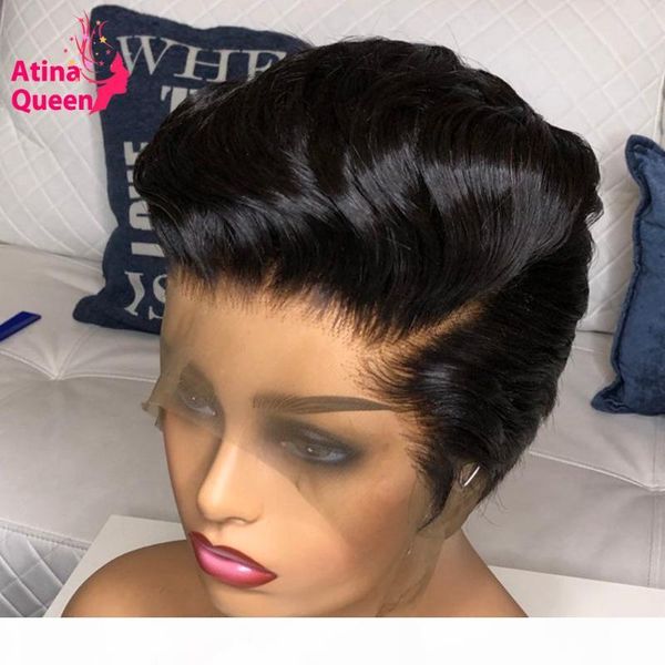 

pre plucked baby hair 13x4 pixie wig invisible bleached knots human hair 4x4 bob short cut remy lace front wig for black women, Black;brown