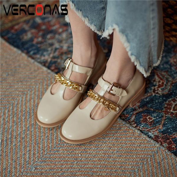 

verconas retro casual 2021 spring women pumps t-strap chain genuine leather thick heels working shoes woman classic, Black