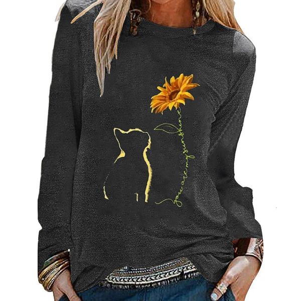 

feitong funny sunflower t shirt women autumn loose cat printed causal long sleeve t-shirt chemise femme mujer, White