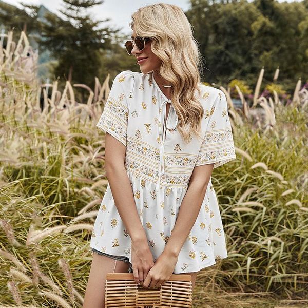 

women's blouses & shirts spring sweet print women casual short sleeve white lace up floral blouse shirt for 2021 summer