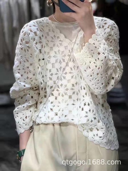 

women's knits & tees 2021 spring and summer soft waxy sweater manual hook flower hollowed out lazy wind loose cotton top, White