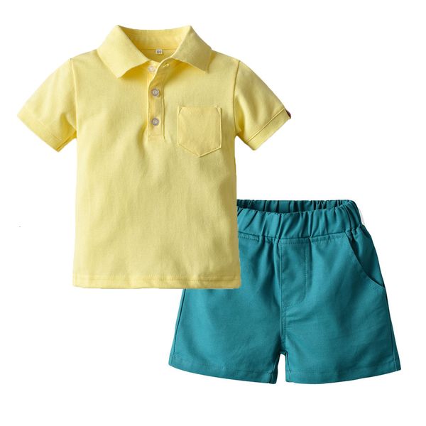

ins children's wear summer lapel t-shirt children's shorts two piece polo shirt boys' short sleeve, Blue