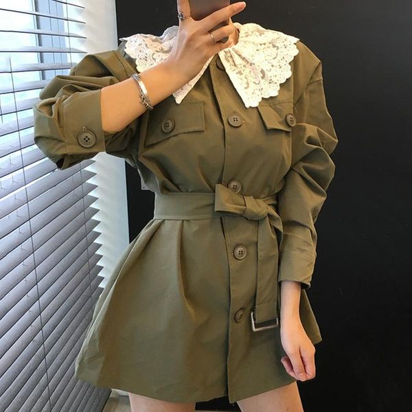 

women's trench coats zcsmll korean chic french army green doll collar lace stitching single-breasted tie waist straight windbreaker sho, Tan;black